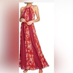 ModCloth Halter Maxi Dress M Red Floral Sleeveless Back Tie Belted Boho Summer